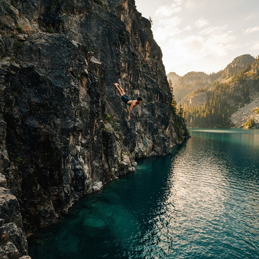 A cliff jumper leaping into turquoise water